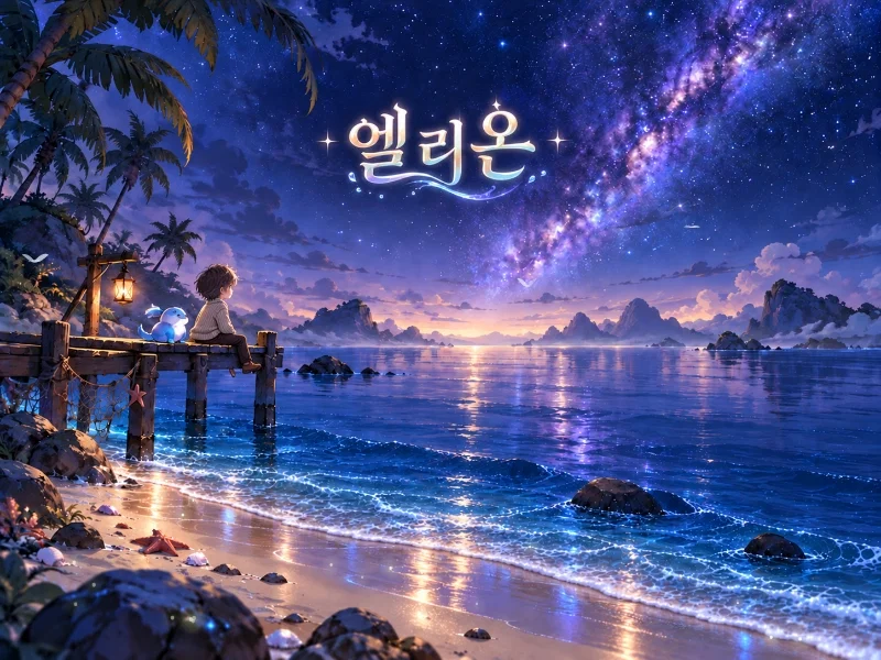 파도가 잔잔하게 흐르는 별빛 바다와 엘리온 로고